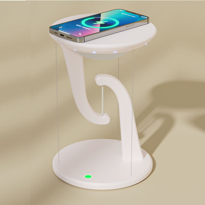 white minimalist creative smart wireless phone charger with sleek curved base and glowing green indicator light