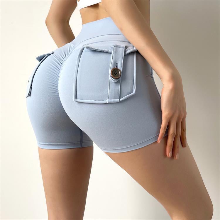 light blue high waisted mint green nude feel pocket yoga shorts with a buttoned flap pocket and side drawstring designed for comfort and style.