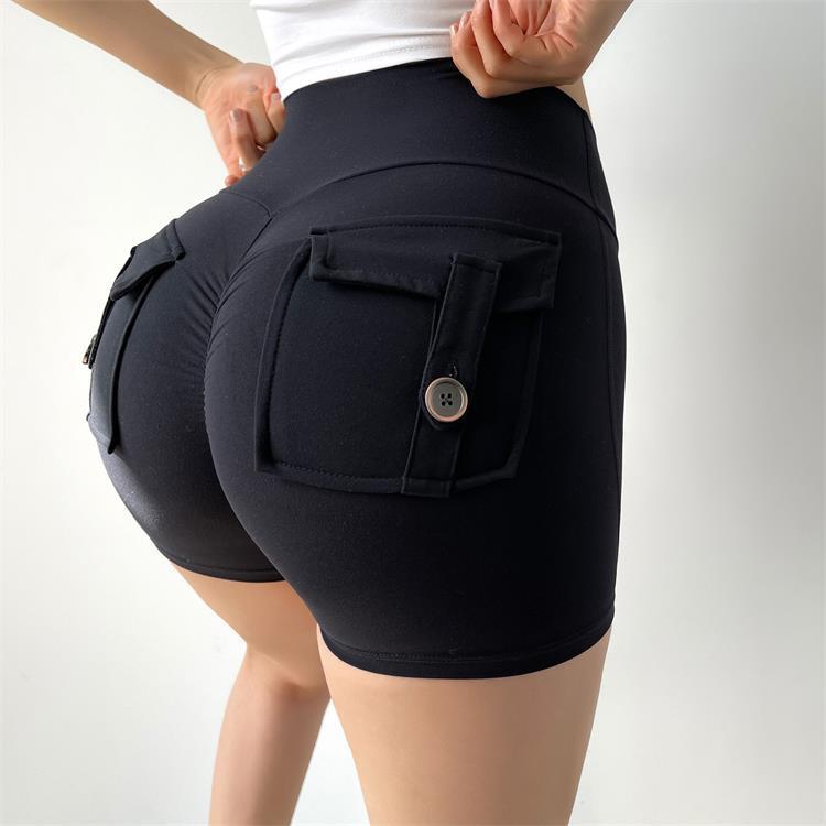 black high-waisted workout shorts with a buttoned cargo pocket on the back featuring a celebrity nude feel pocket design for comfort and style.