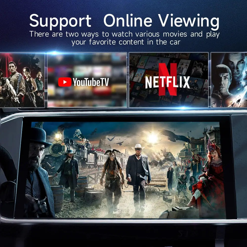 qualcomm android wireless carplay original car ai box displaying movie scenes on car infotainment screen with youtube tv and netflix logos above for original car wired entertainment.
