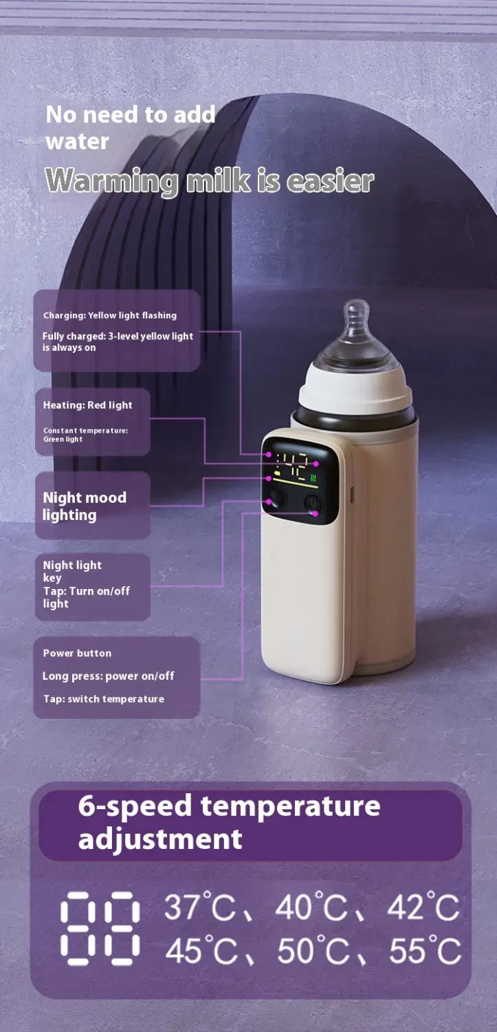 Beige cream-colored electric baby bottle insulation cover with digital display temperature control buttons and 18w fast charge for efficient bottle insulation.