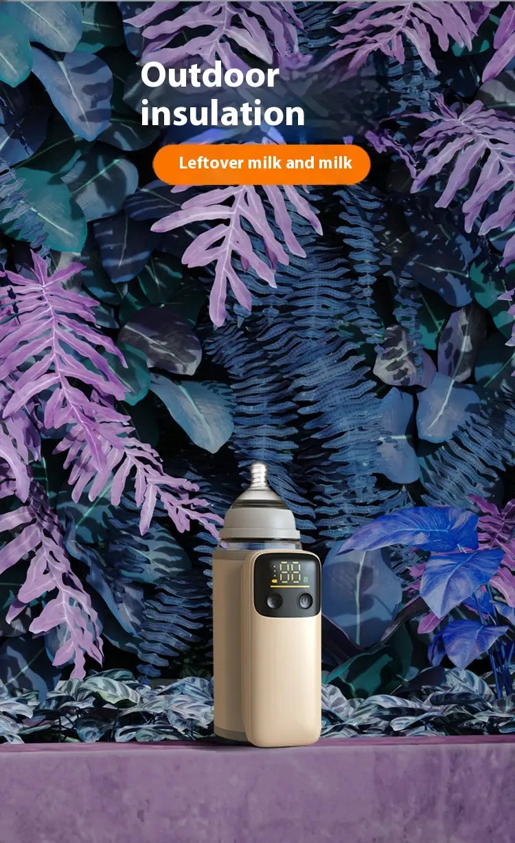 Beige electric baby bottle insulation cover with digital display, silver nipple cap, and 18W fast charge for efficient bottle insulation.