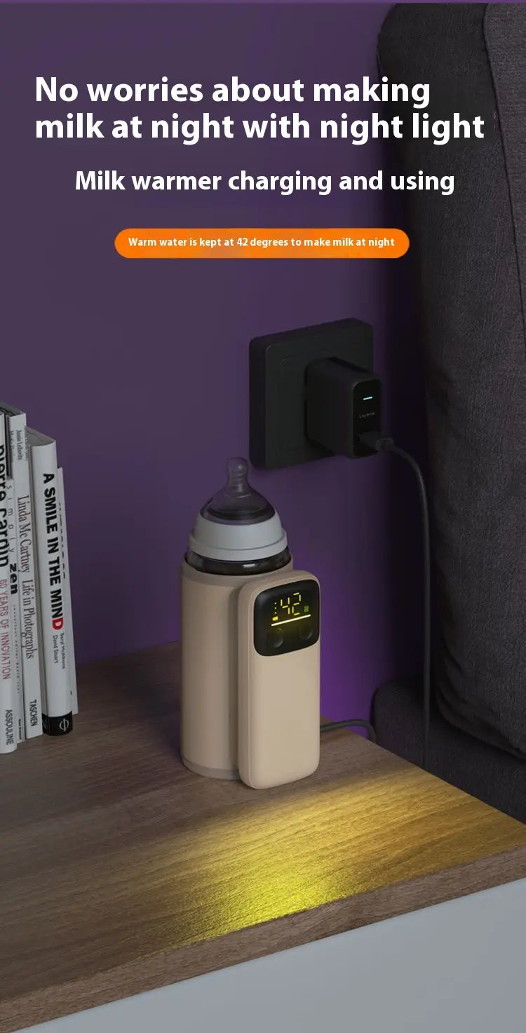 beige electric baby bottle insulation cover with digital display and baby bottle attachment offers 18w fast charge and effective baby bottle insulation.