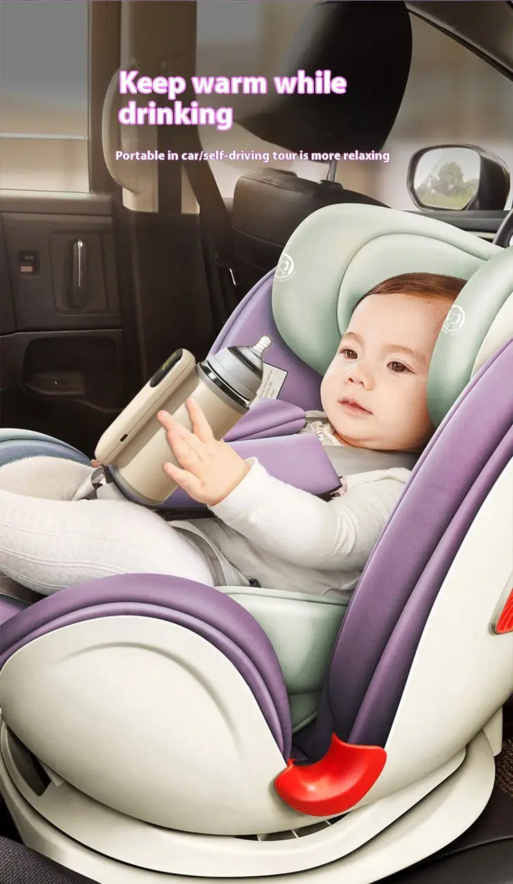 beige electric baby bottle insulation cover with 18w fast charge shown next to a purple and light green convertible car seat with red safety latch illustrating baby bottle insulation cover use.