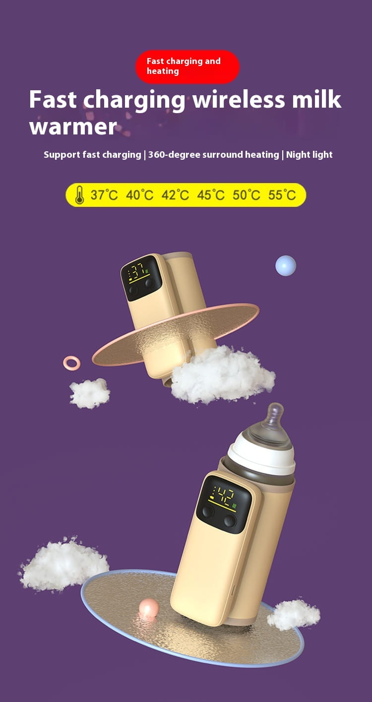 Beige wireless electric baby bottle insulation cover with digital display temperature control and 18w fast charge for effective bottle insulation.