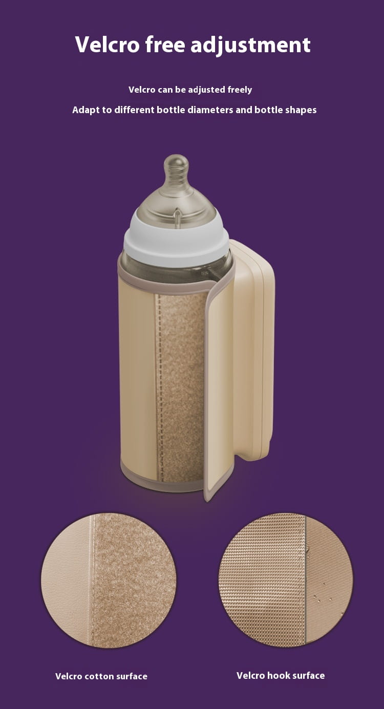 Beige electric baby bottle insulation cover featuring a velcro sleeve with textured cotton and hook surfaces for adjustable fit and fast 18w charge bottle insulation.