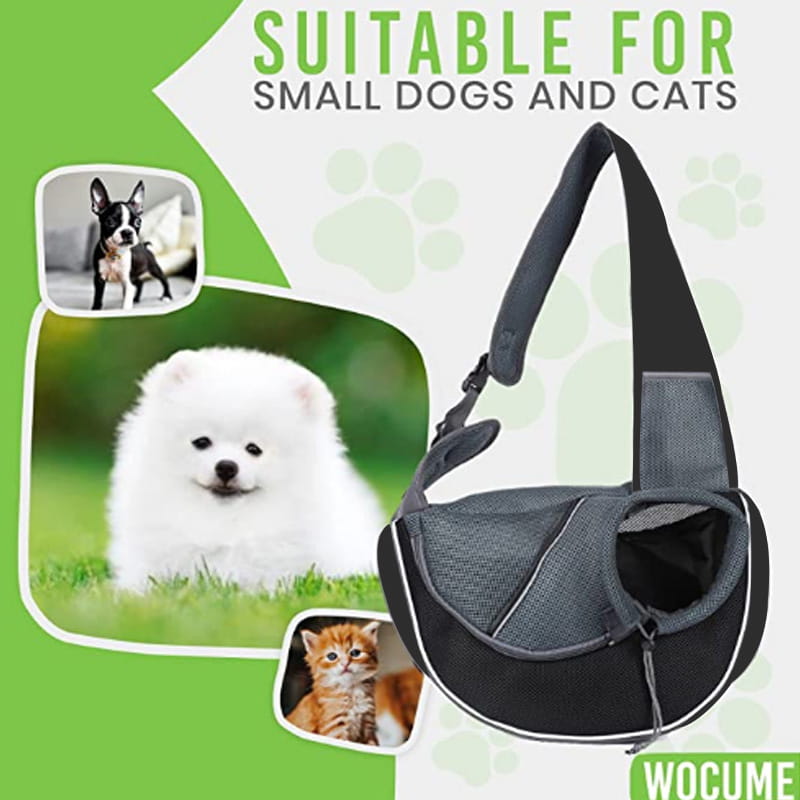 Black and gray mesh carrying pets bag designed for women for outdoor use with small dogs and cats.