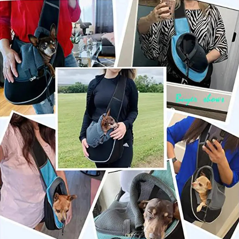 Gray and blue mesh carrying pets bag for women with adjustable shoulder strap designed for bag women outdoor use.