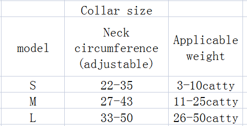 the table displays size options s, m, and l for the led dog leash retractable featuring an adjustable collar size and applicable weight ranges for small medium dogs using a traction rope for secure control.