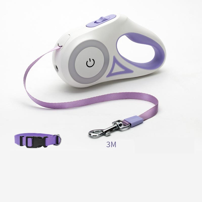 Purple and white led dog leash retractable with power button, 3-meter traction rope, and matching purple collar for small medium dogs.