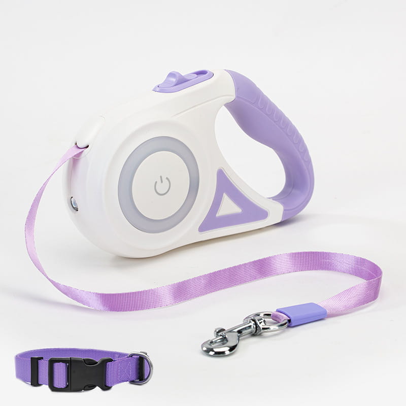Purple and white LED dog leash retractable with built-in power button, matching purple collar, silver metal clasp, and traction rope for small medium dogs.