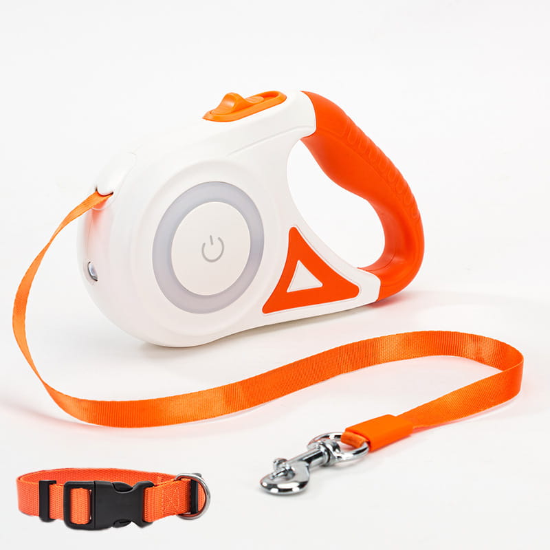 Bright orange and white LED dog leash retractable with power button, triangular design accent, traction rope, and matching collar for small medium dogs.