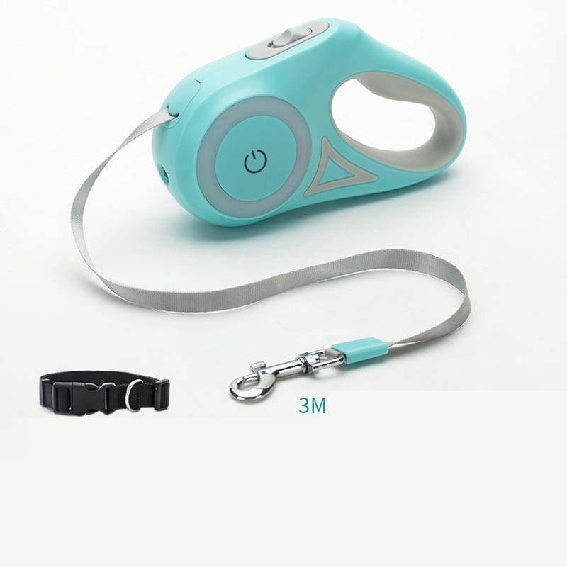 Teal and gray led dog leash retractable with power button metal clasp and matching teal collar designed with traction rope for small medium dogs.