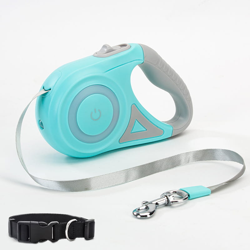 A sleek light blue and gray led dog leash retractable with a power button on the handle designed for small medium dogs with traction rope.