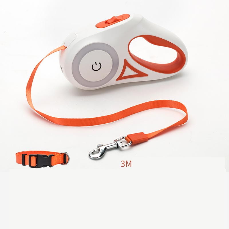 Orange and white led dog leash retractable for small medium dogs with a three meter traction rope, power button, and orange collar clip.