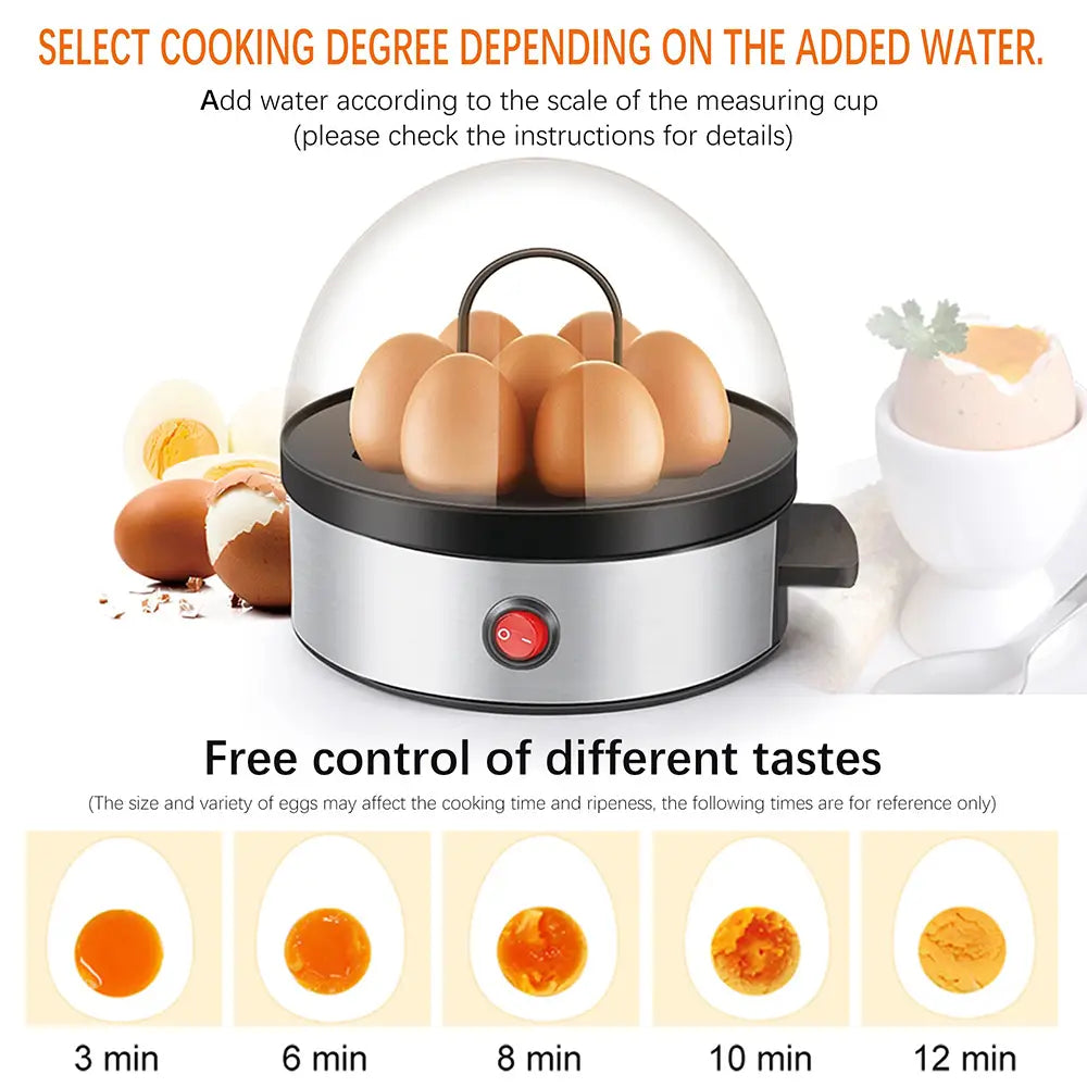 Silver stainless steel multifunctional egg cooker steamer with a clear dome lid black handle and a red power button on the front panel designed as an electric egg steamer.