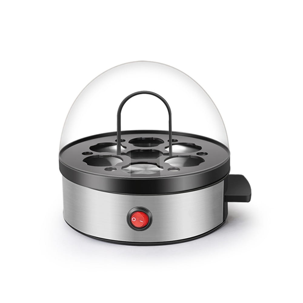 Stainless steel multifunctional egg cooker steamer with a clear dome lid and black base featuring six circular slots for eggs as an egg steamer and egg cooker.