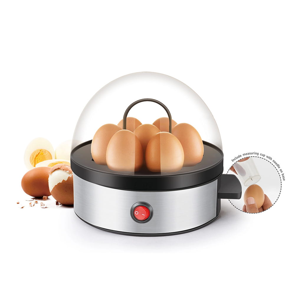 Silver and black stainless steel multifunctional egg cooker steamer with a clear dome lid holding several brown eggs in its circular cradle designed for efficient egg steaming.