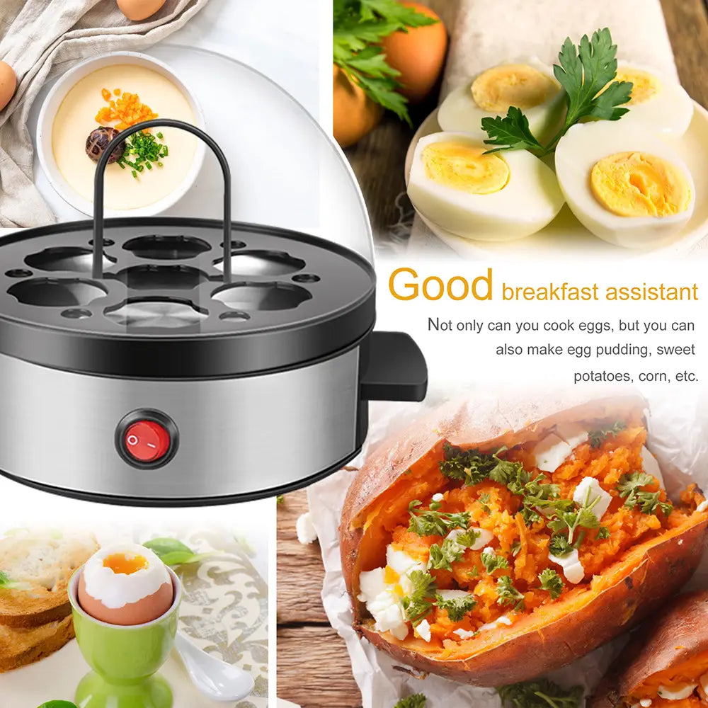 silver and black stainless steel multifunctional egg cooker steamer with a round multi-compartment basket designed as an egg steamer for boiling eggs efficiently