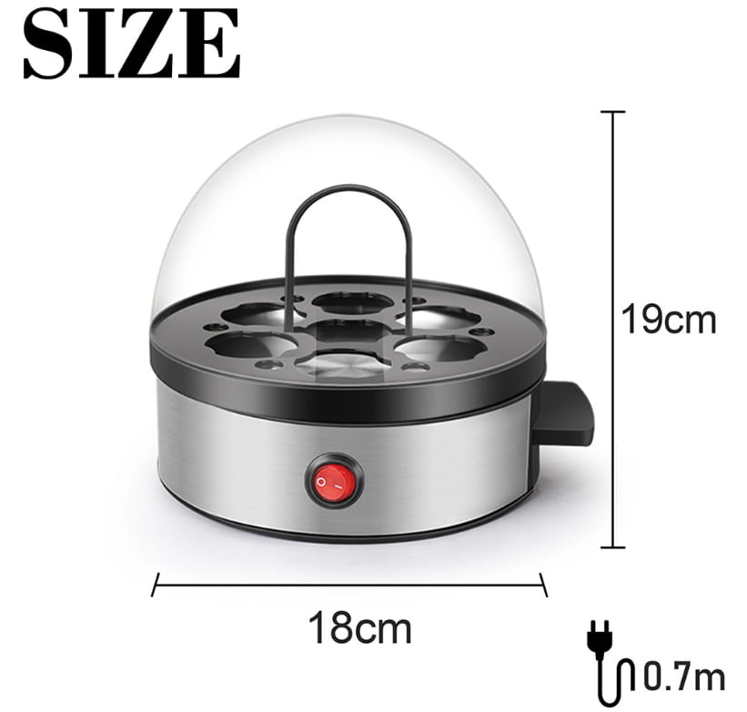 Stainless steel multifunctional egg cooker steamer with clear dome lid, black base, and six circular slots designed as an egg steamer.