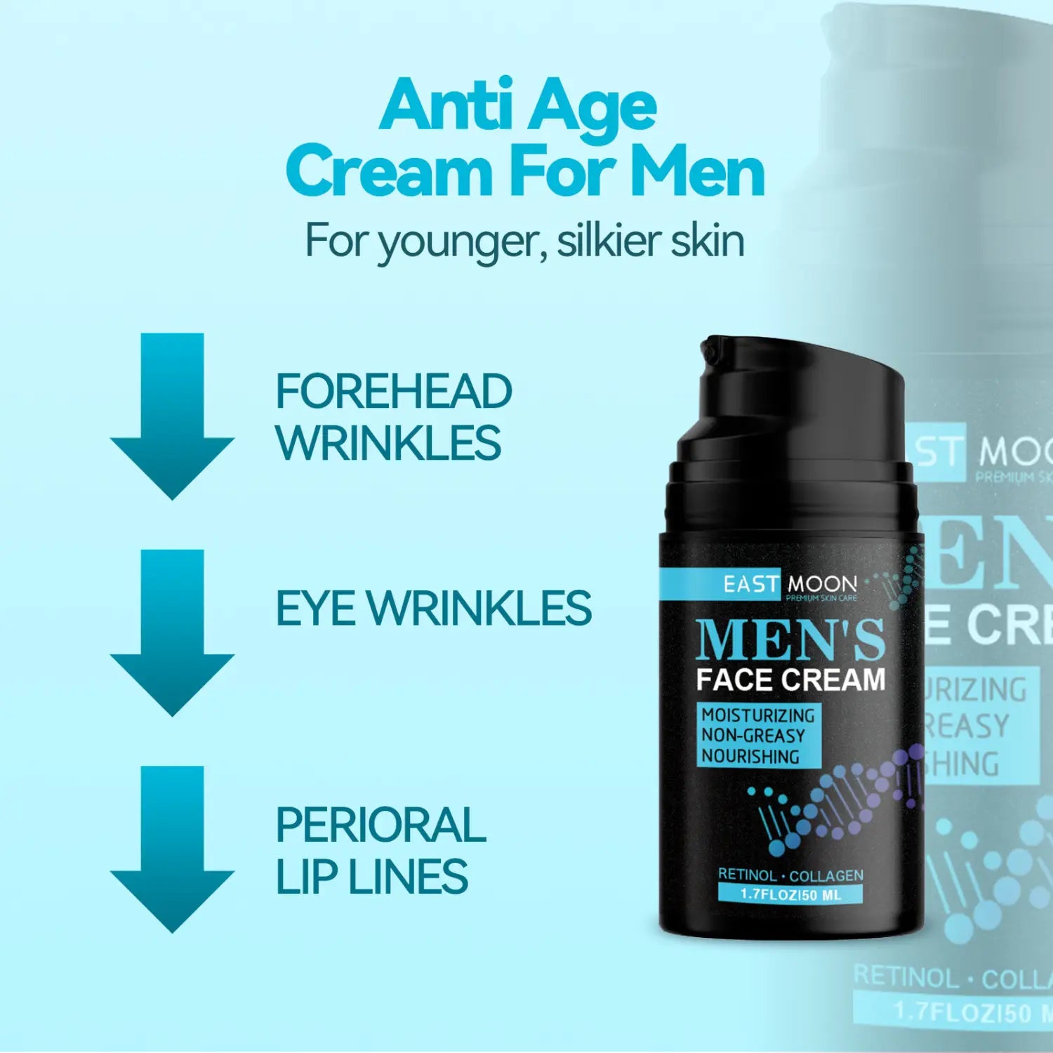 Black tube of East Moon men’s anti-aging cream firming skin with blue and white labeling featuring retinol and collagen for cream firming skin benefits.