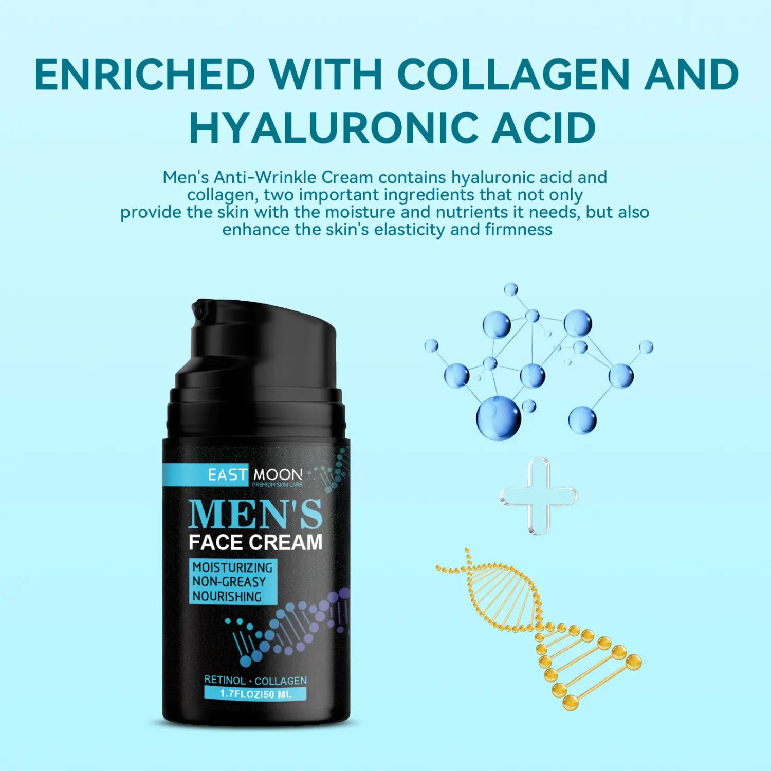 Black cylindrical bottle of East Moon men’s anti-aging cream with a black pump dispenser and blue labeling for firming skin.