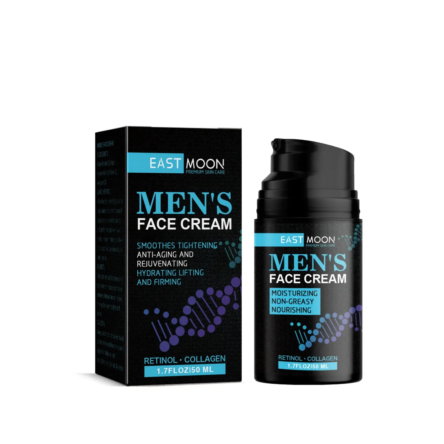 black east moon men’s anti-aging cream firming skin in a sleek pump-top bottle with blue and purple dna-themed labeling for cream firming skin.