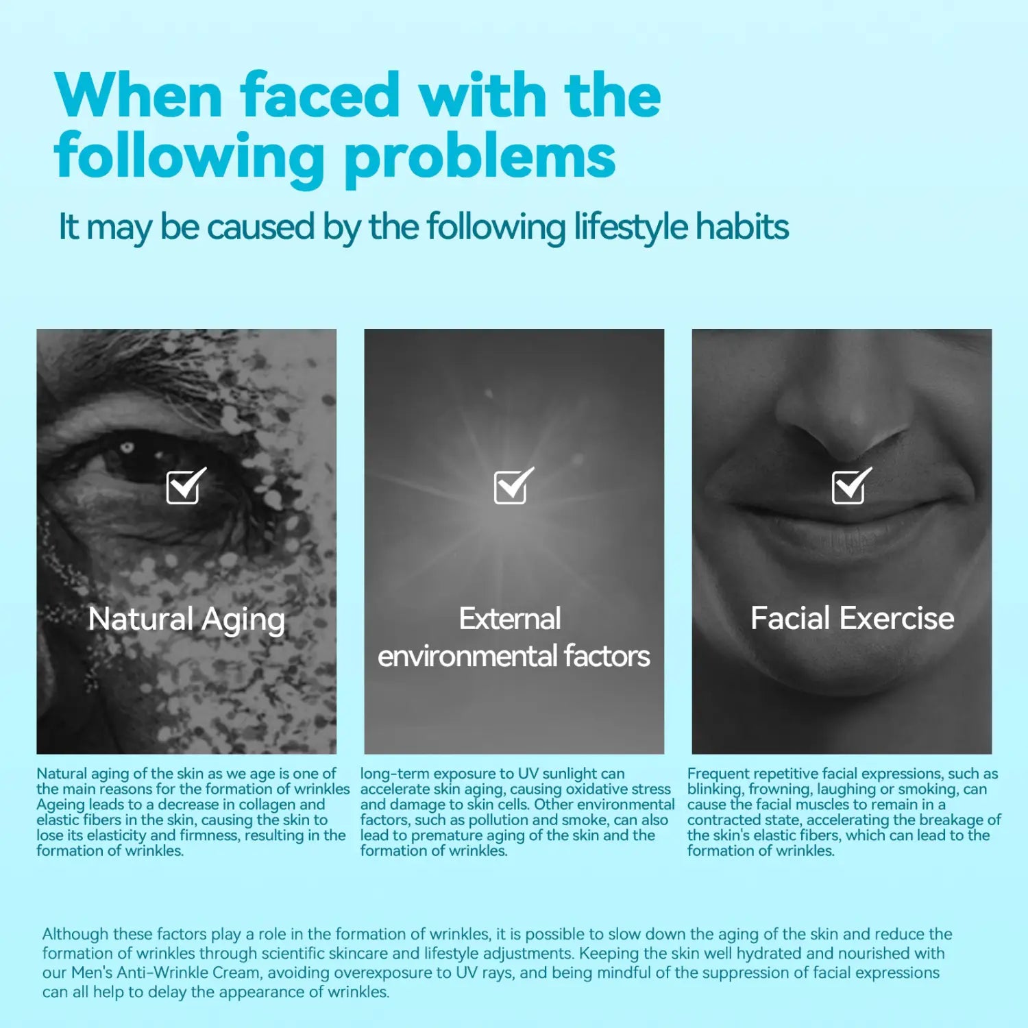 The light blue informational graphic for men’s anti-aging cream firming skin features three black-and-white panels illustrating causes of wrinkles including natural aging, external environmental factors, and facial exercise.