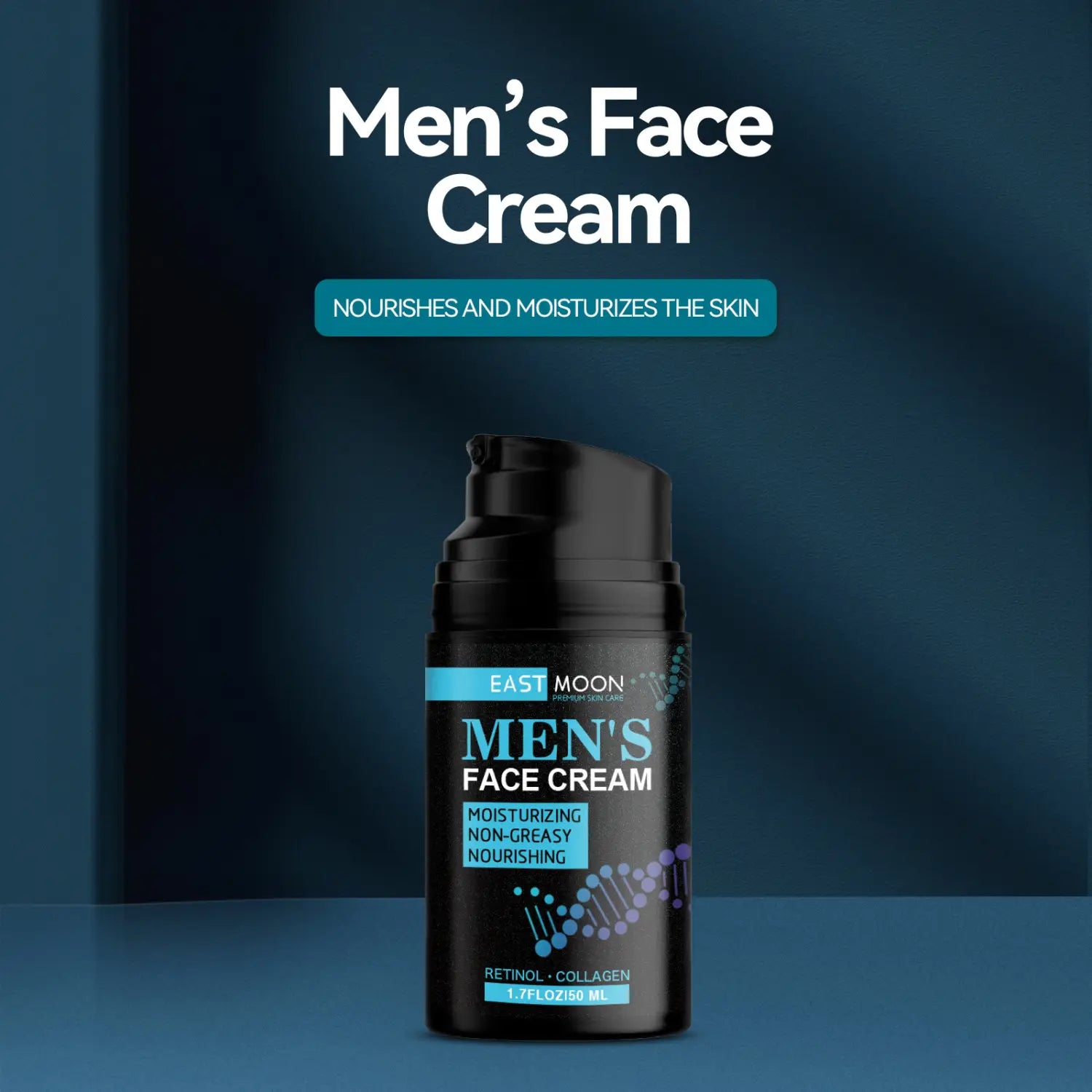 Black plastic bottle of East Moon men’s anti-aging cream with pump dispenser and blue labeling for firming skin.