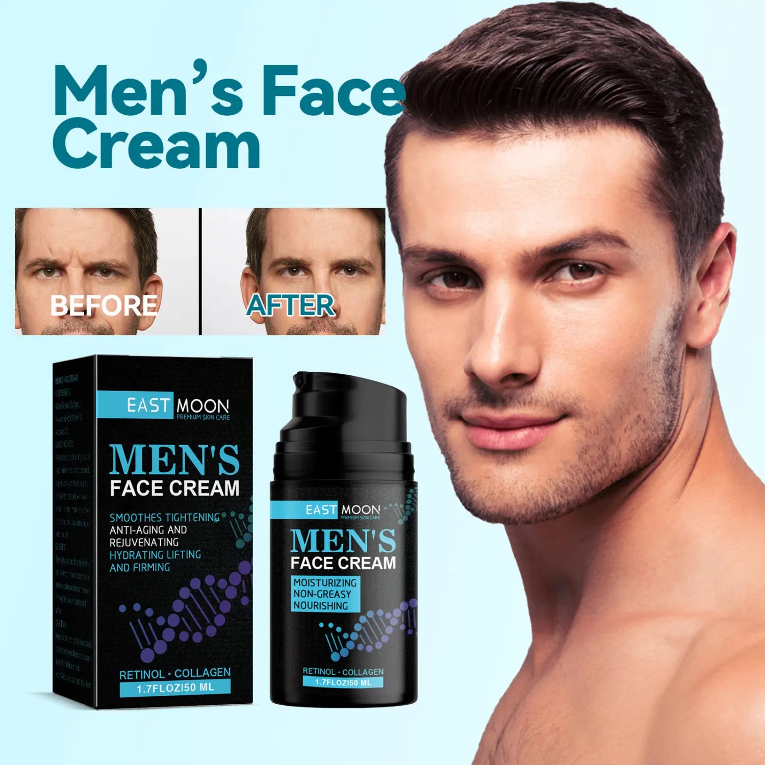 black tube of east moon men’s anti-aging cream firming skin with blue and purple labeling for cream firming skin benefits