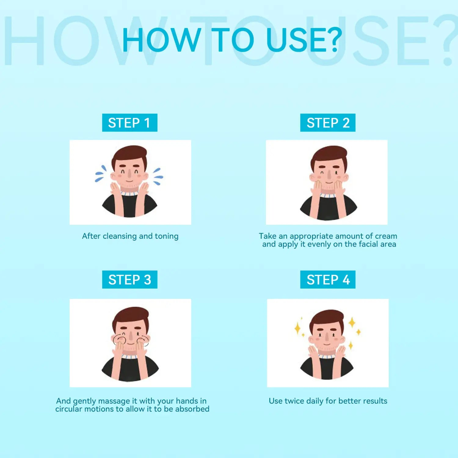 Light blue illustrated skincare product usage guide with four steps showing facial application for men’s anti-aging cream firming skin.