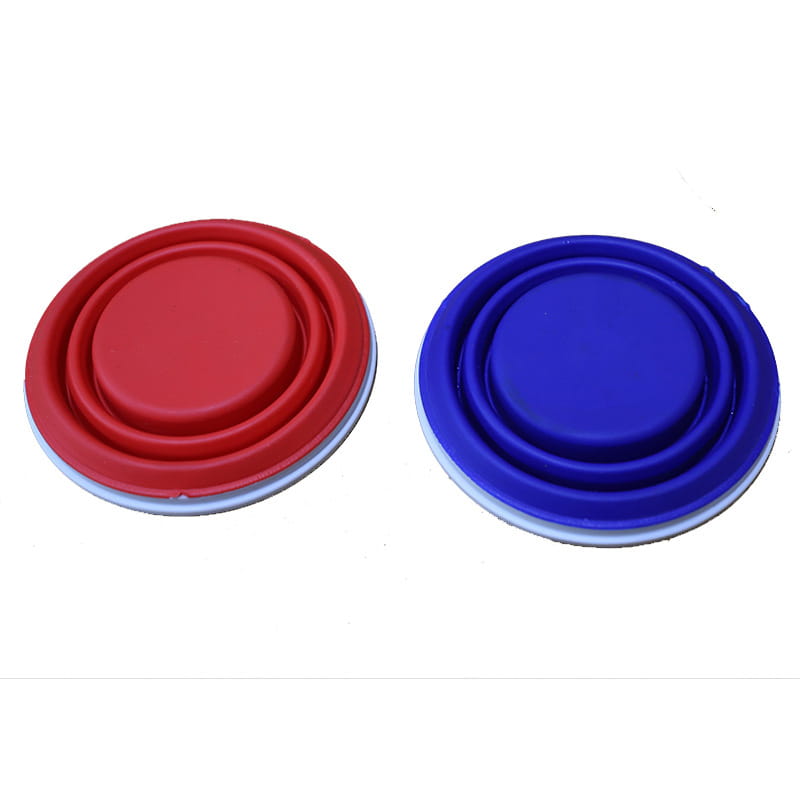 Red and blue collapsible silicone lid coasters designed for use with pet supplies such as the blue collapsible pet water bottle with pet rope.