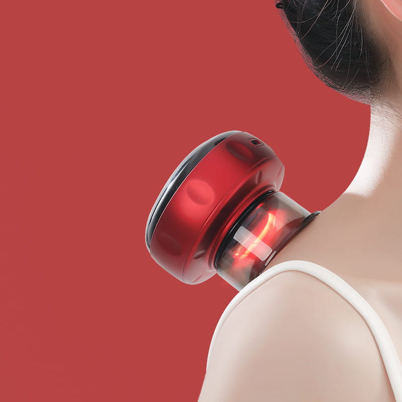 red and black electric vacuum cupping massager with a translucent cylindrical base featuring negative pressure technology and heating model for therapeutic use
