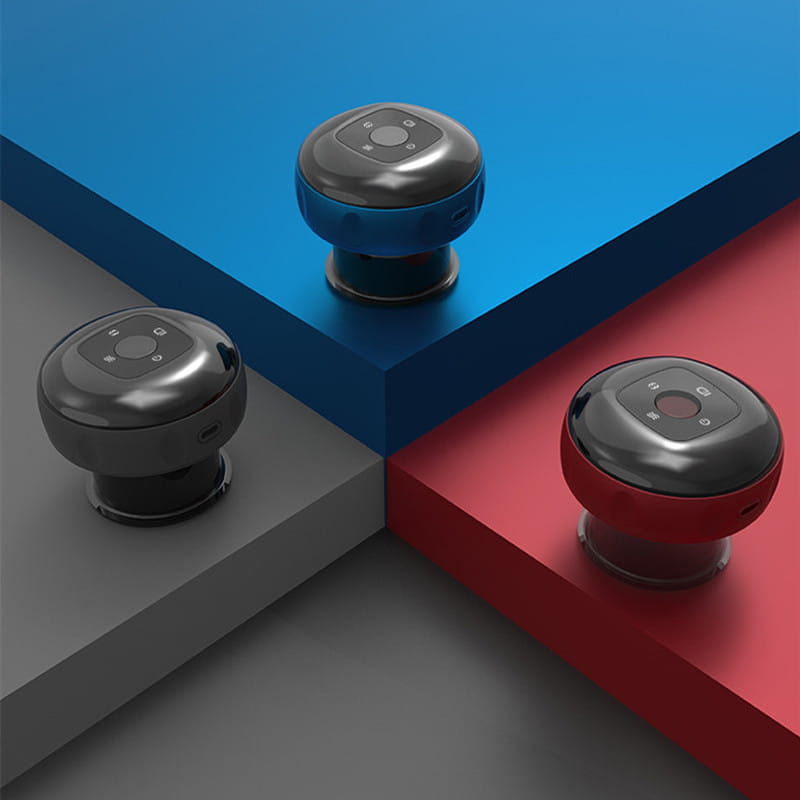 three compact electric vacuum cupping devices in blue red and black with glossy finishes featuring negative pressure technology for therapeutic use