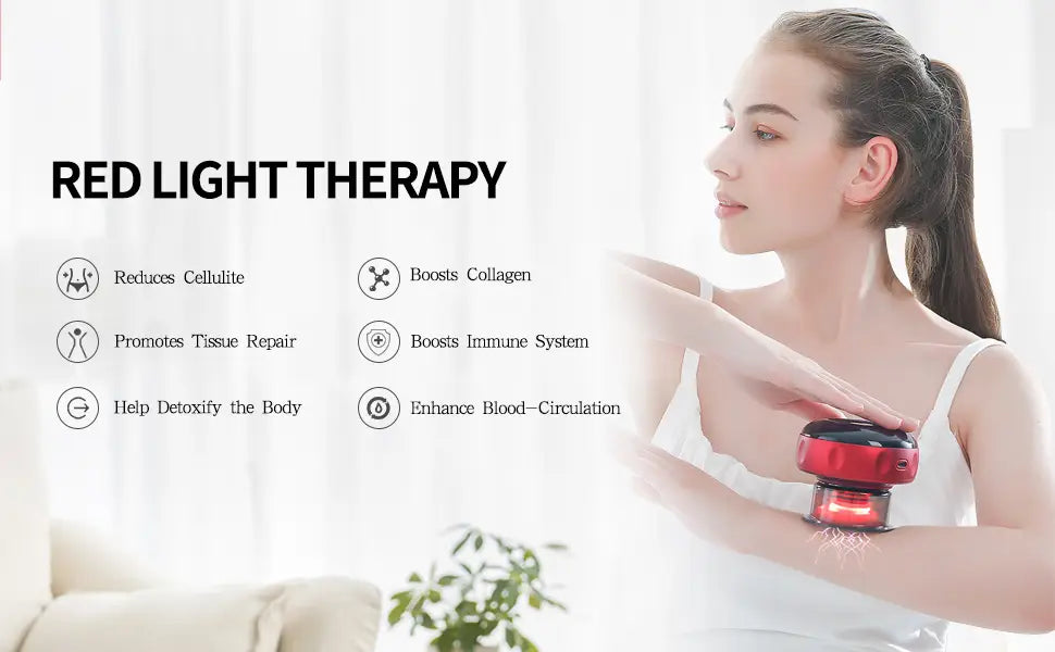 red circular electric vacuum cupping negative pressure massager with black accents heating model used on the arm