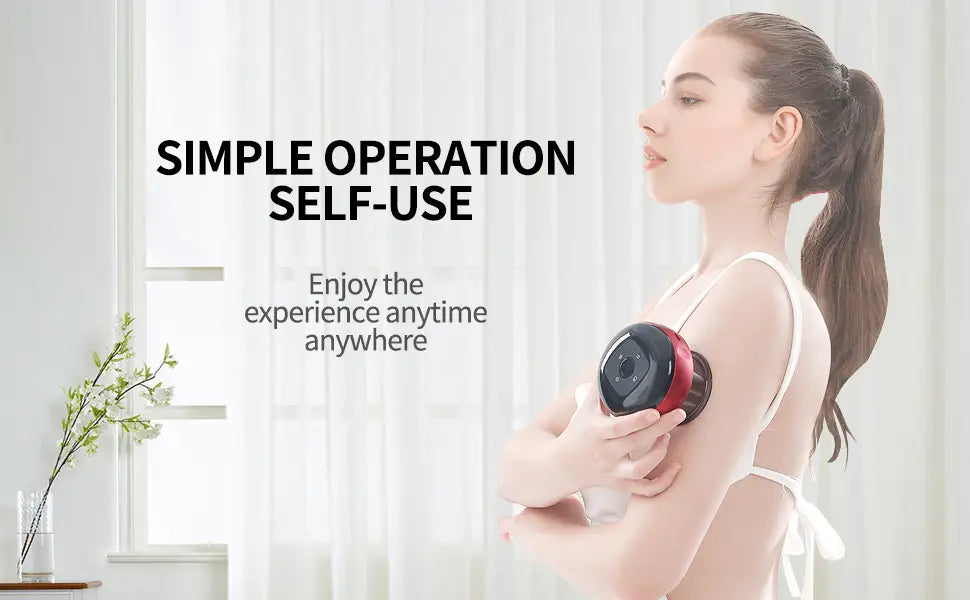 Electric vacuum cupping negative pressure massager in red and black circular design held in woman’s hand featuring a heating model function.