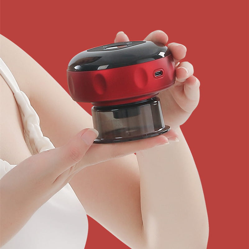 Red and black electric vacuum cupping handheld device with a glossy finish featuring negative pressure and heating model functions for therapeutic massage.