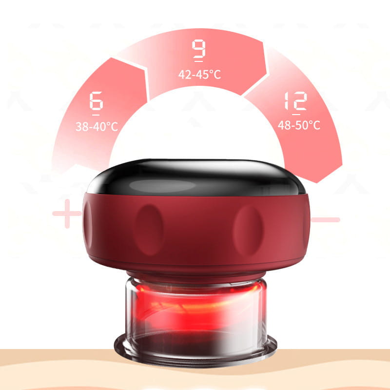 Electric vacuum cupping massager with red and black heating model and transparent glass base emitting red light for negative pressure therapy.