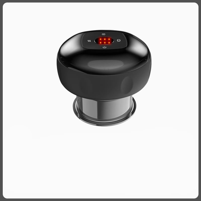 Black and silver electric vacuum cupping negative pressure massager with red LED indicators and heating model feature on the top panel.
