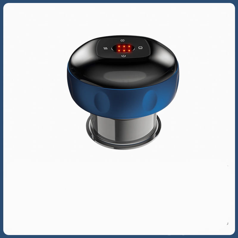 Blue and black electric vacuum cupping massager with negative pressure and a digital heating model display showing red LED indicators.