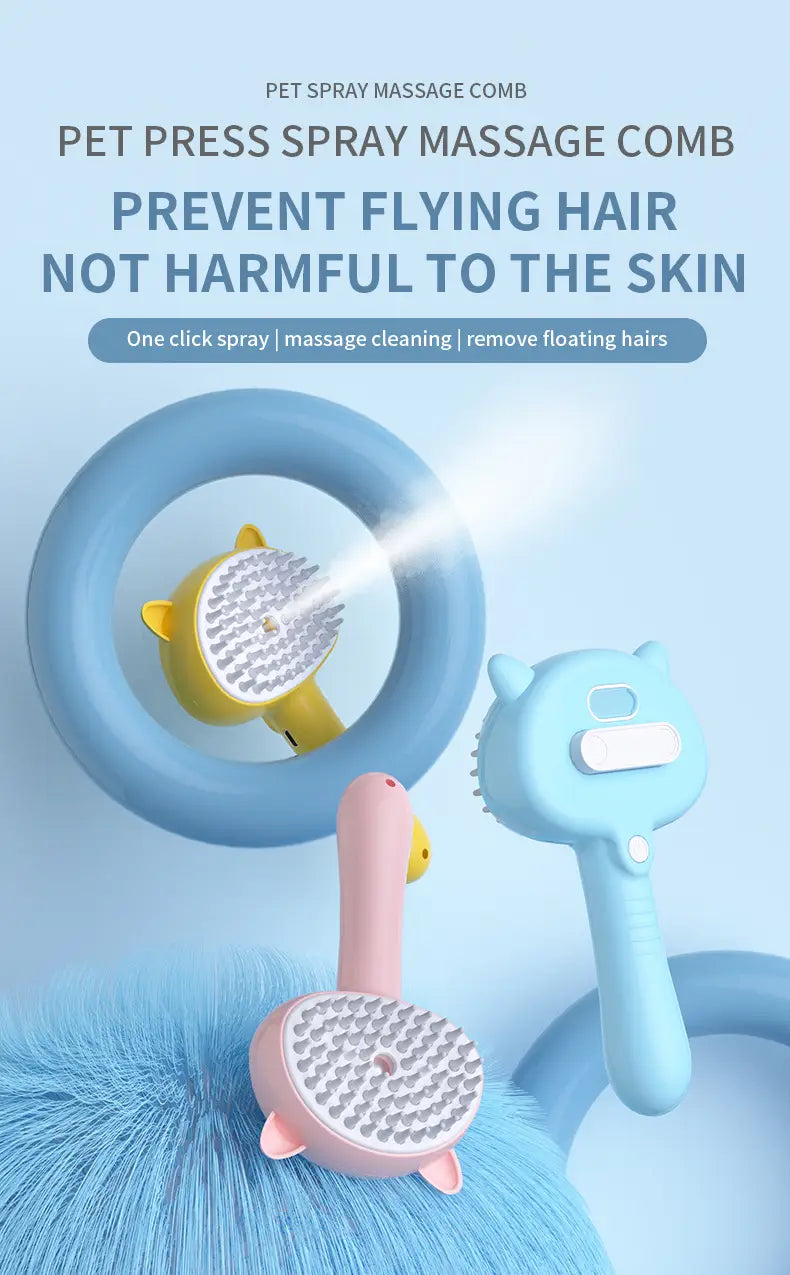 A cute cat-shaped self-cleaning mist grooming brush in pastel blue and pink with a soft silicone handle and bristle head designed for gentle hair removal on cats and dogs.