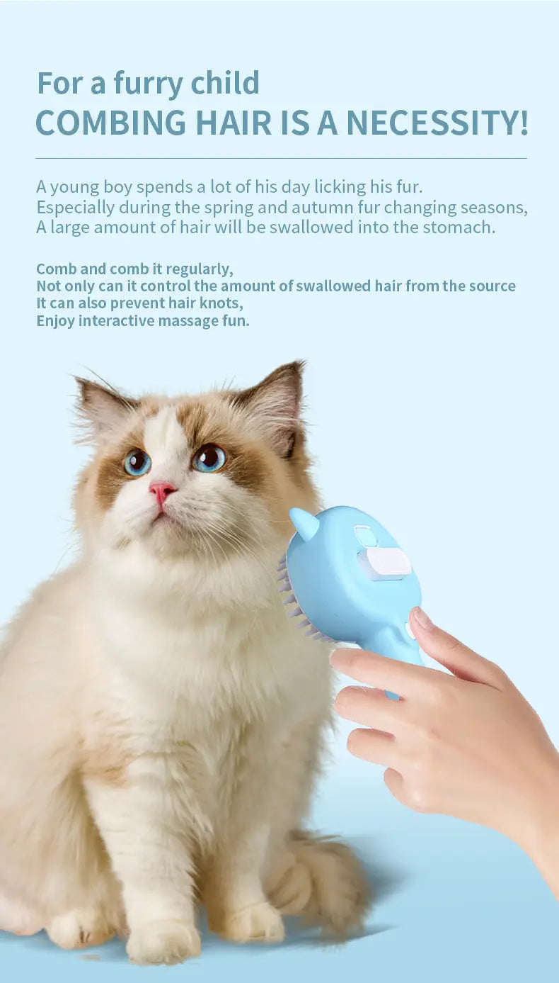 Light blue self-cleaning mist grooming brush with a rounded head and soft bristles designed for gentle grooming of long-haired cats and dogs.