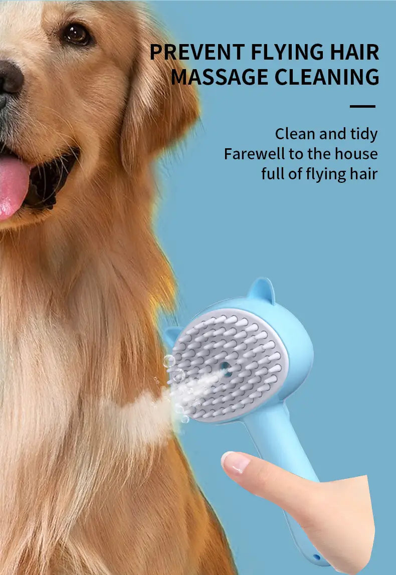 Light blue cat-shaped self-cleaning mist grooming brush with soft bristles and a rounded head for cat and dog grooming use.