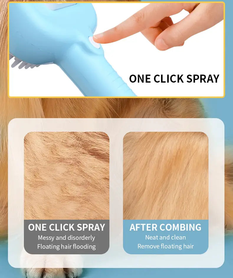 light blue self-cleaning mist dog grooming brush with a one-click spray mechanism for efficient pet hair removal.