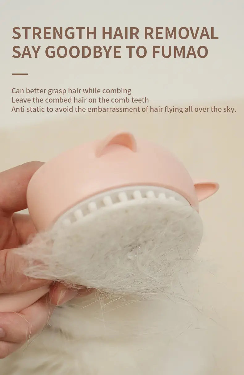 pink silicone grooming brush with soft bristles and cat ear handles designed as a self-cleaning mist dog grooming brush