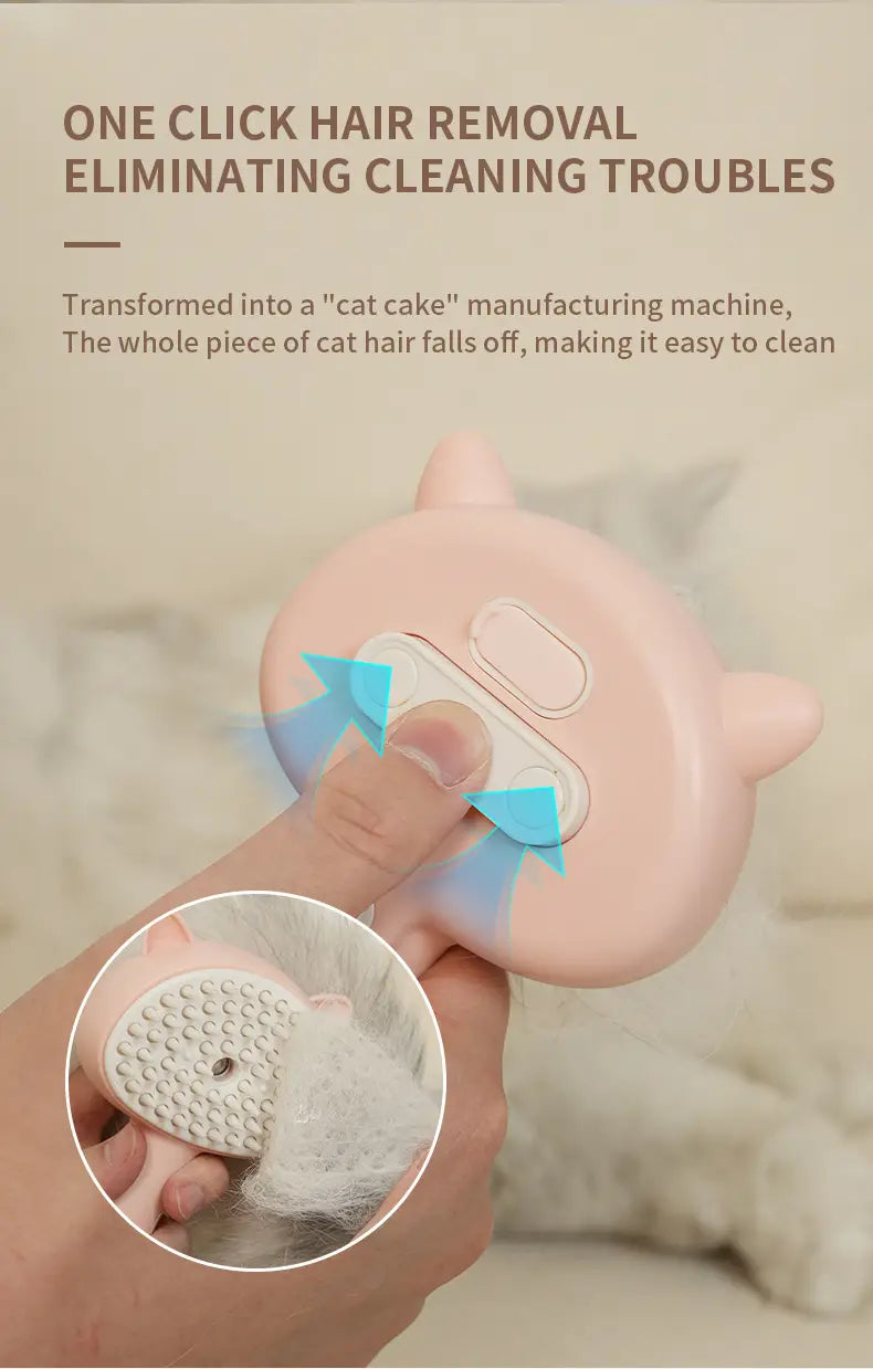 Pink cat-shaped self-cleaning mist grooming brush with a smooth rounded body and soft silicone bristles designed for easy pet and dog grooming.