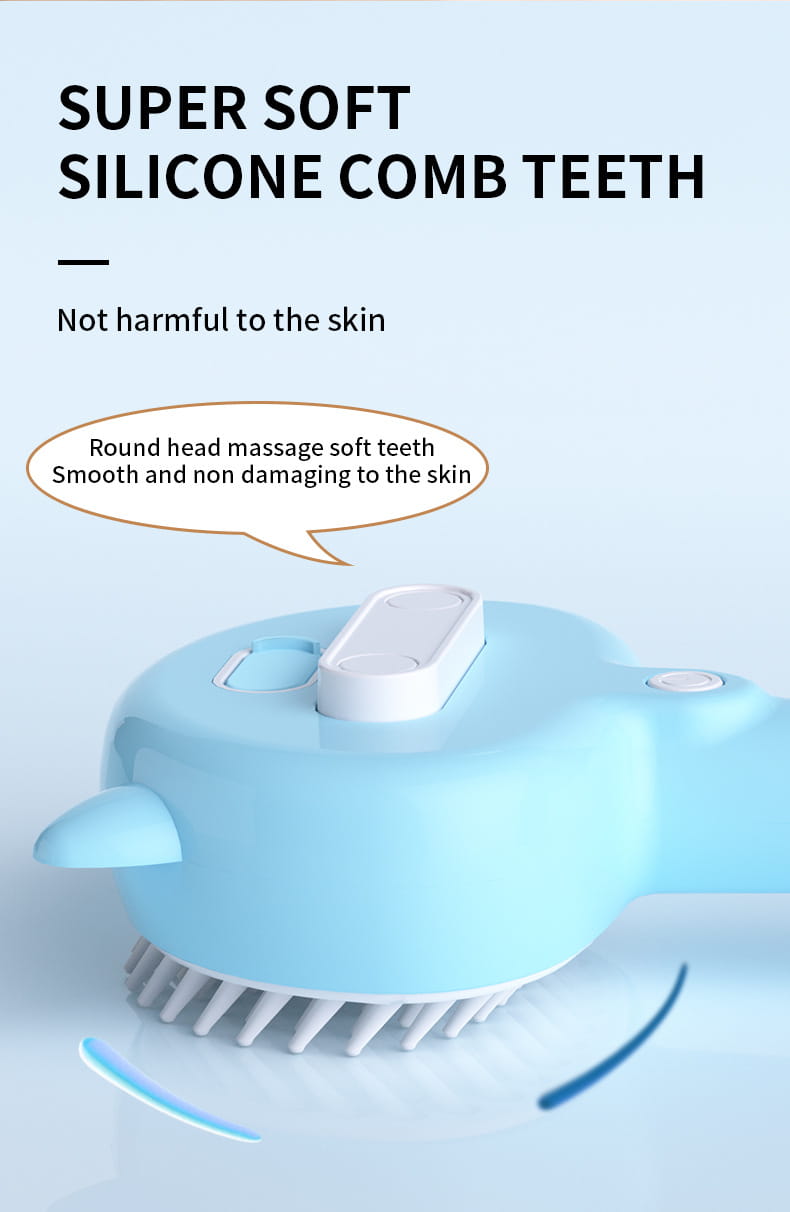 Light blue silicone self-cleaning mist grooming brush with rounded massage head and soft comb teeth for cats and dogs.