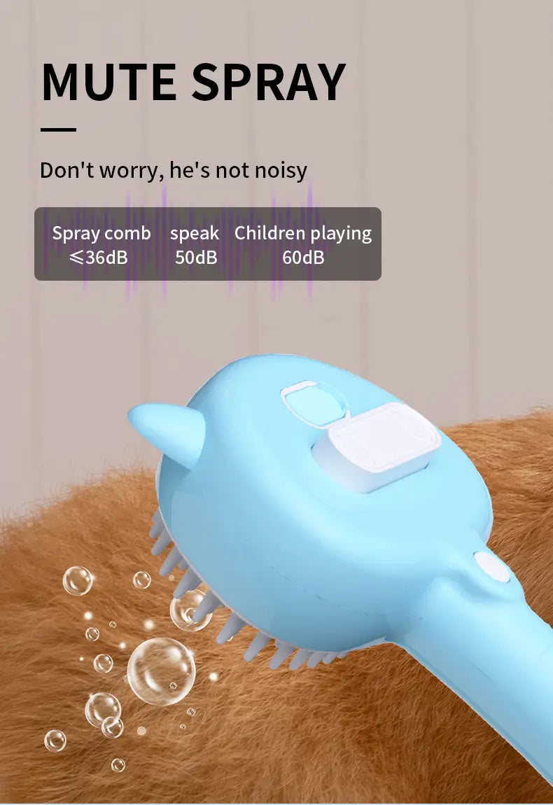 Light blue silicone grooming brush with white plastic accents and soft bristles for gentle pet grooming featuring a self-cleaning mist function ideal as a dog grooming brush.