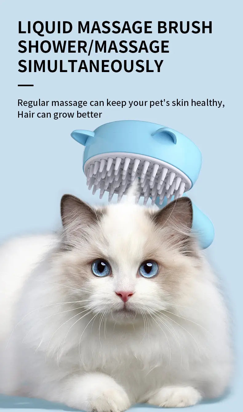 Light blue whale-shaped dog grooming brush with soft bristles and self-cleaning mist feature for pet grooming.