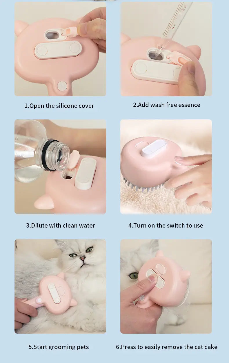pink silicone cat-shaped grooming brush with handle and bristles for self-cleaning mist cat and dog grooming brush use